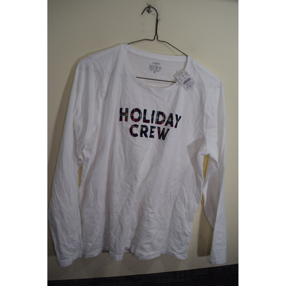 NEW 2023 J Crew HOLIDAY CREW Plaid Graphic Long Sleeve T Shirt White XL Festive